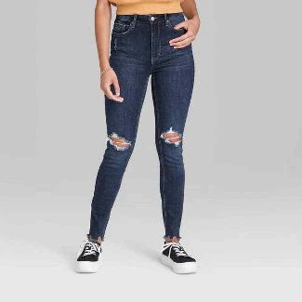 Wild Fable Highest Rise Skinny‎ Jeans Sz 4 Dark Wash Distressed Raw Hem Stretch